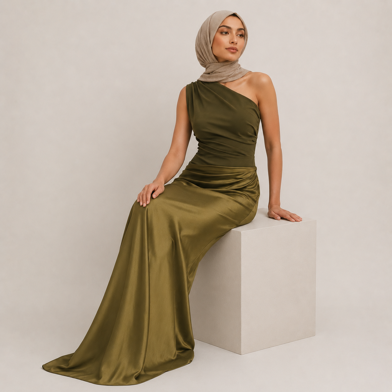 Woman in an olive green one-shoulder dress sitting on a white cube against a plain background