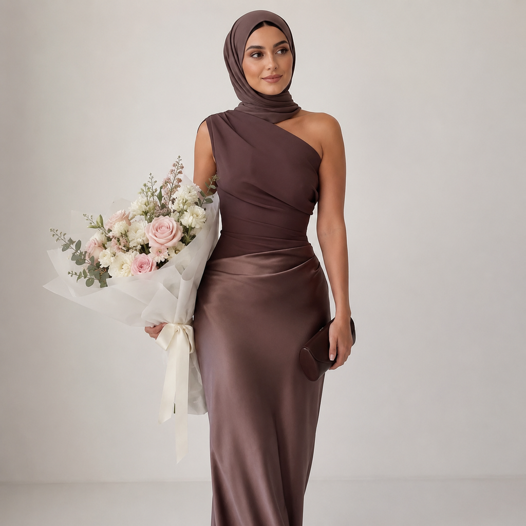 Woman in a brown one-shoulder dress holding a bouquet of flowers against a plain background