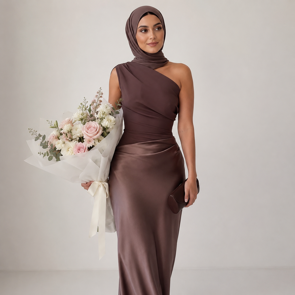 Woman in a brown one-shoulder dress holding a bouquet of flowers against a plain background