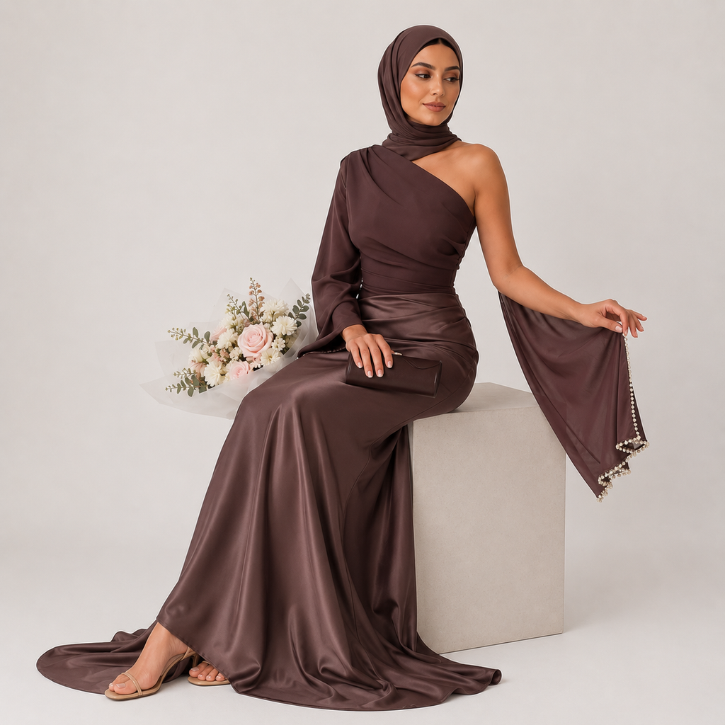 Woman in a brown one-shoulder gown sitting on a white cube with flowers in the background