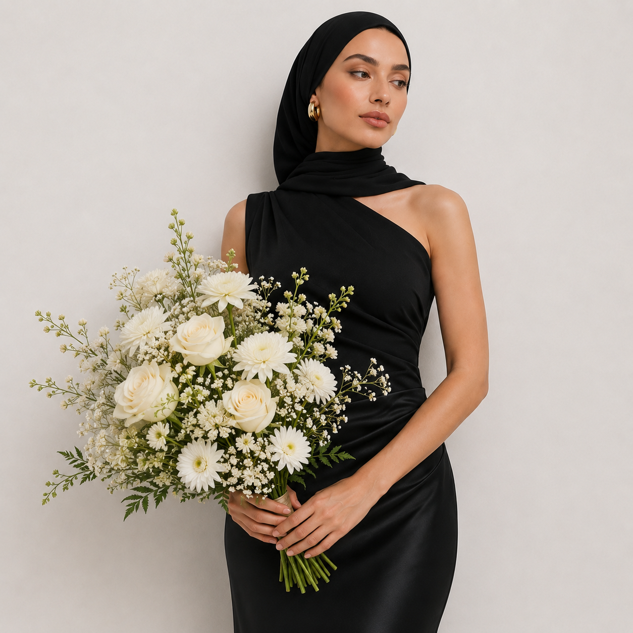 Woman in a black dress holding a bouquet of white flowers against a plain background