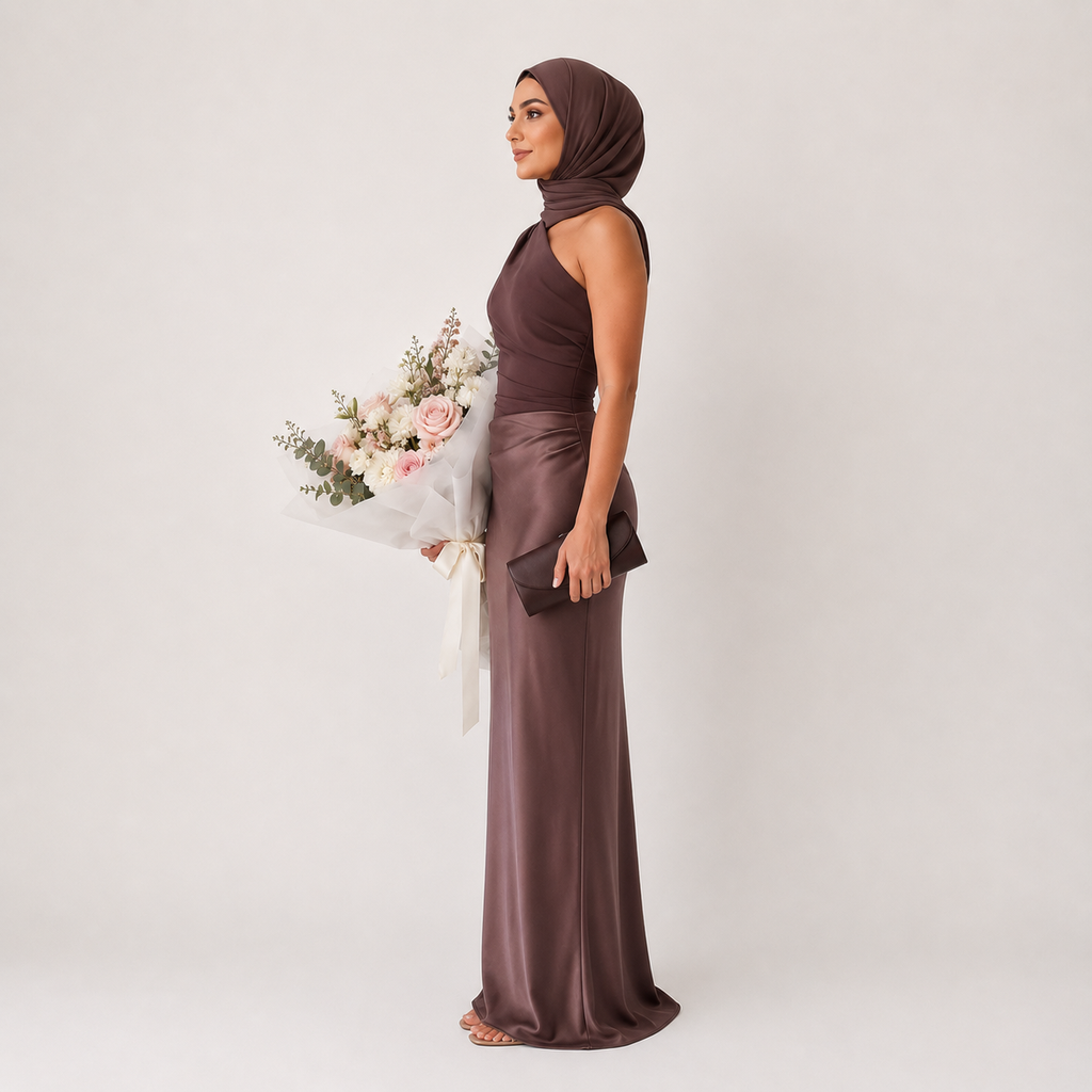 Woman in a long brown dress holding flowers against a white background