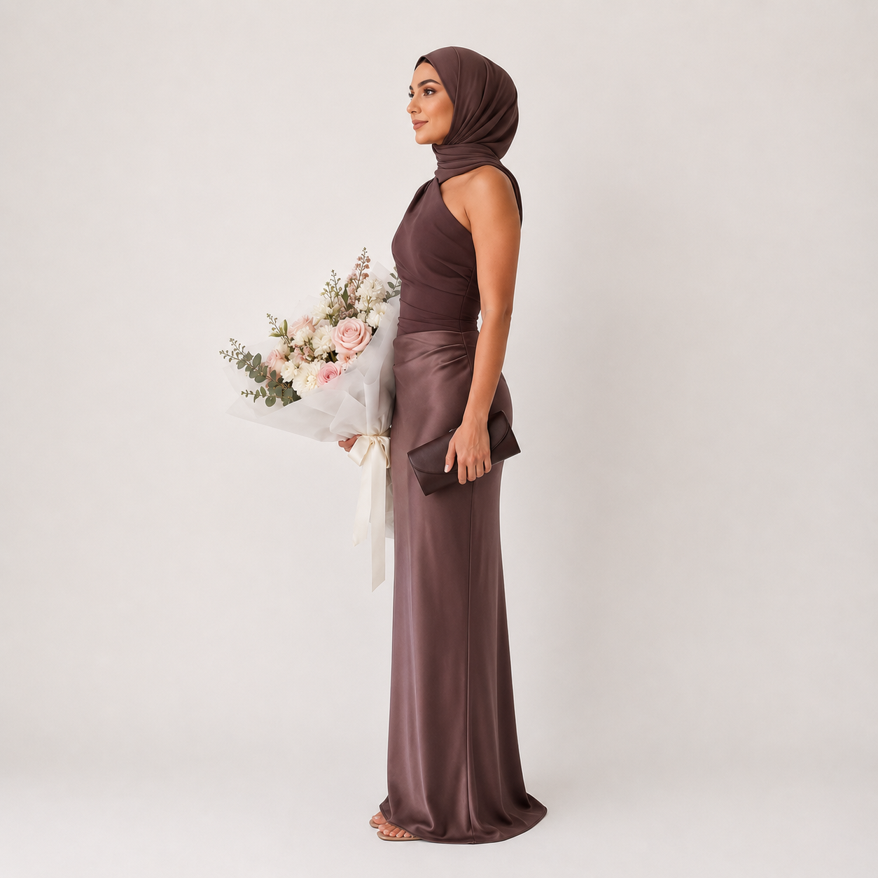 Woman in a long brown dress holding flowers against a white background