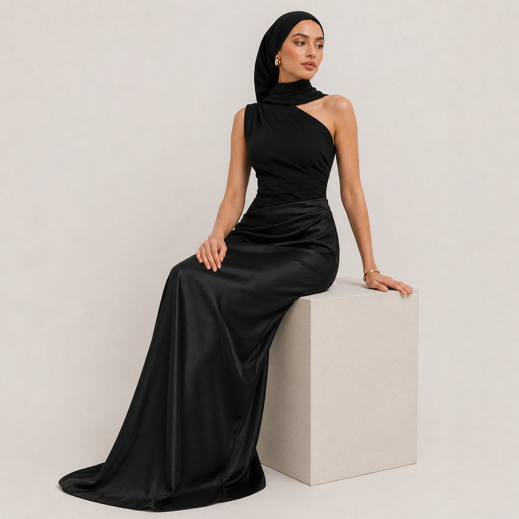 Woman in a black evening gown and hijab sitting on a white cube against a light gray background