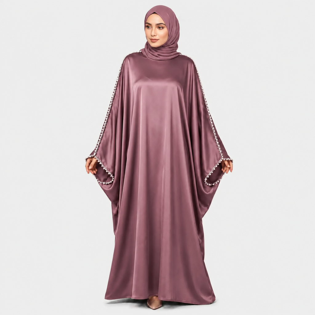 Mauve abaya with embellished sleeves on a white background