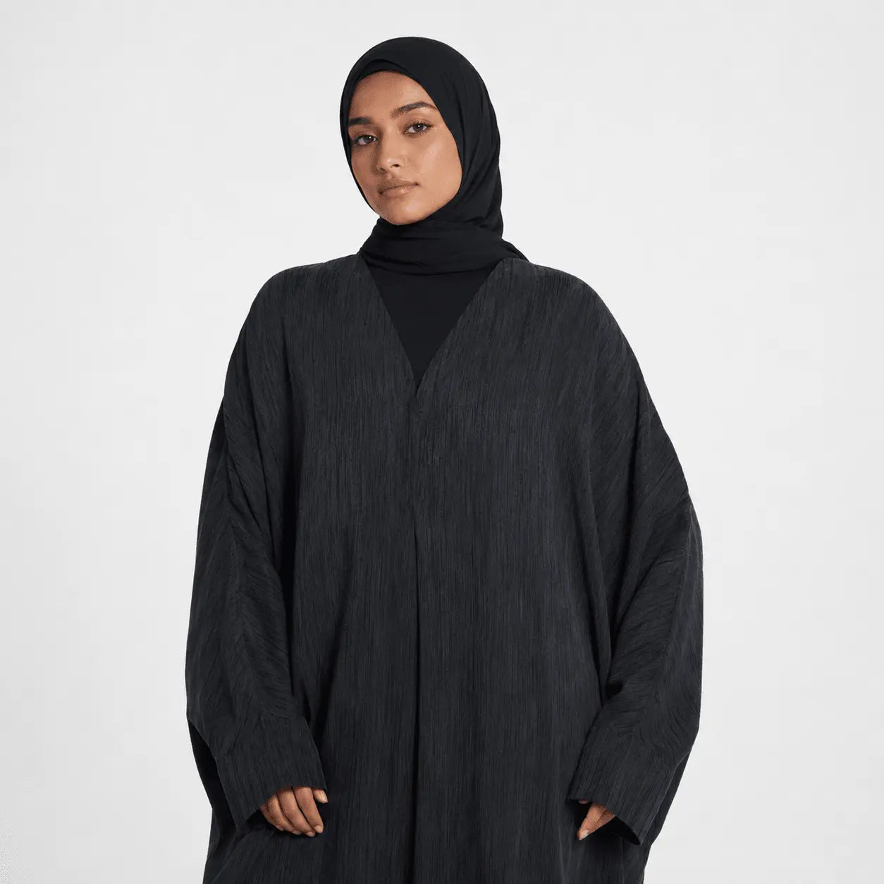 Textured Open Abaya in Rich Ink with Snap Closure - Mahara Atelier