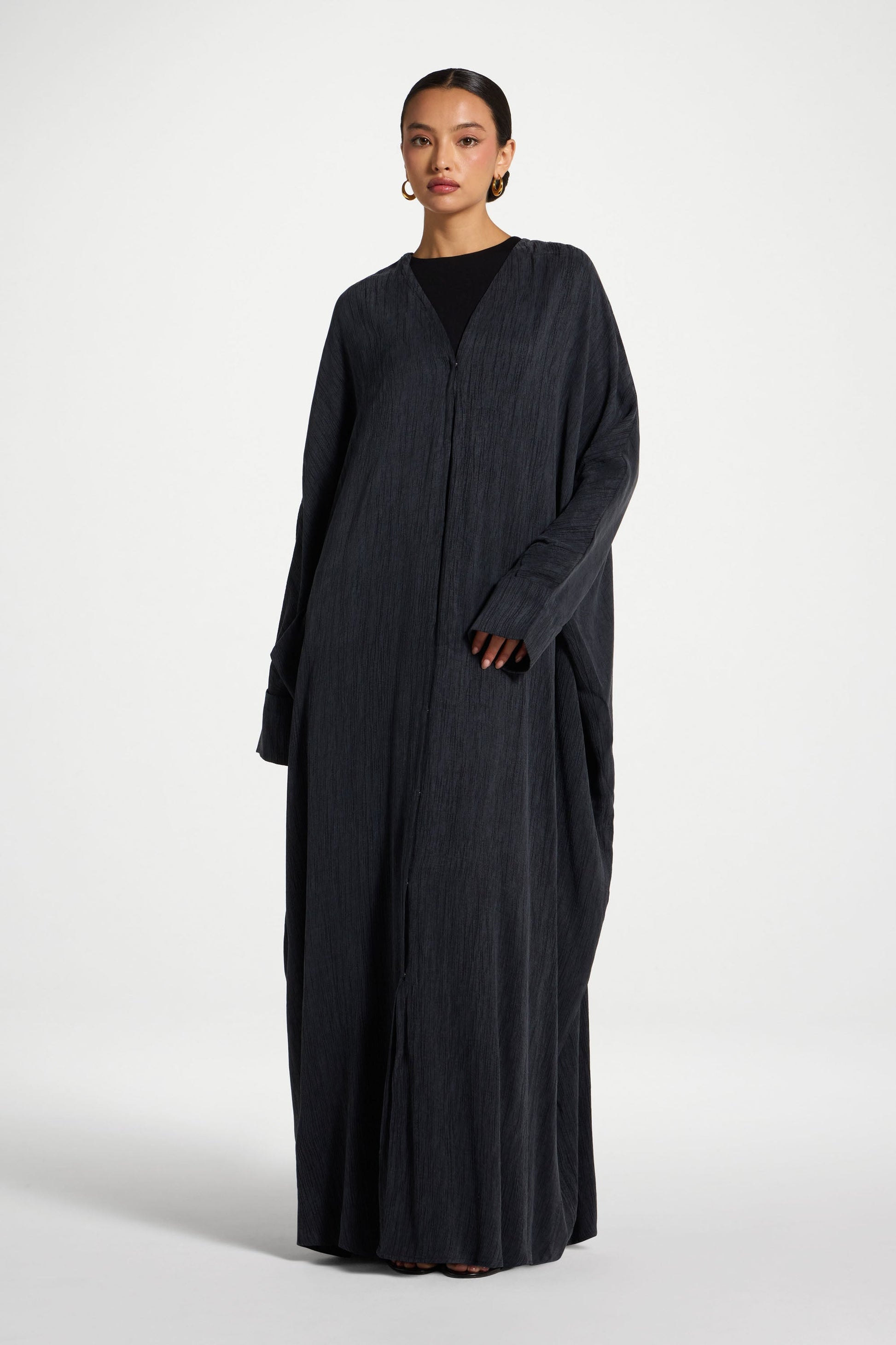 Textured Open Abaya in Rich Ink with Snap Closure