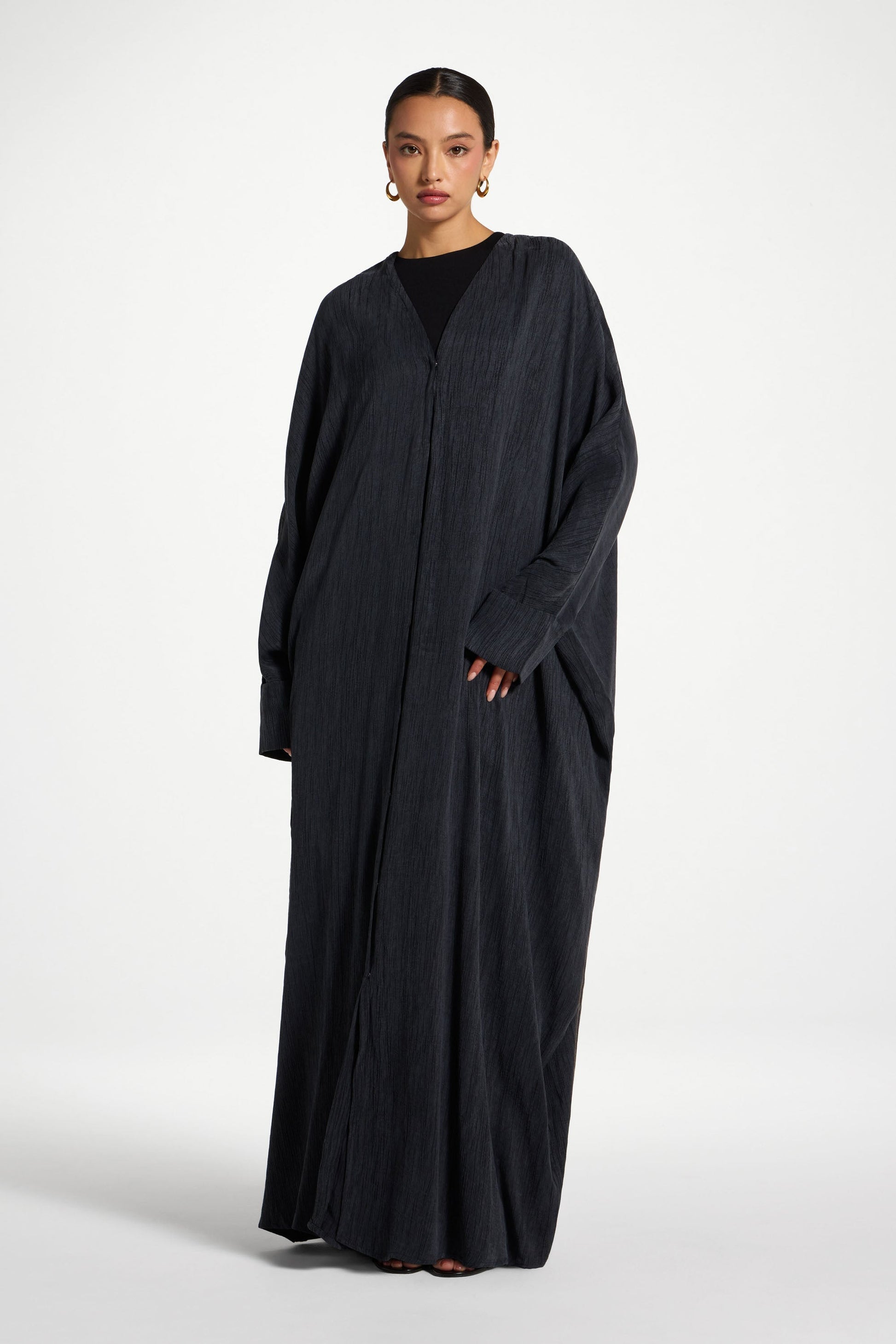 Textured Open Abaya in Rich Ink with Snap Closure