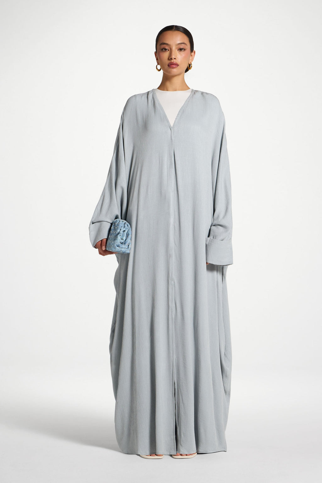 Blue Textured Open Abaya with Snap Closure