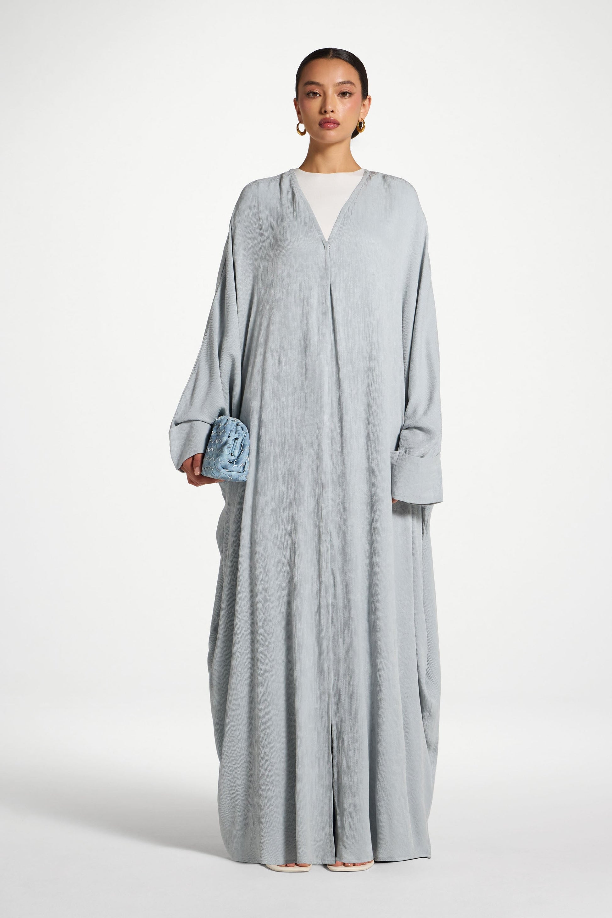 Blue Textured Open Abaya with Snap Closure