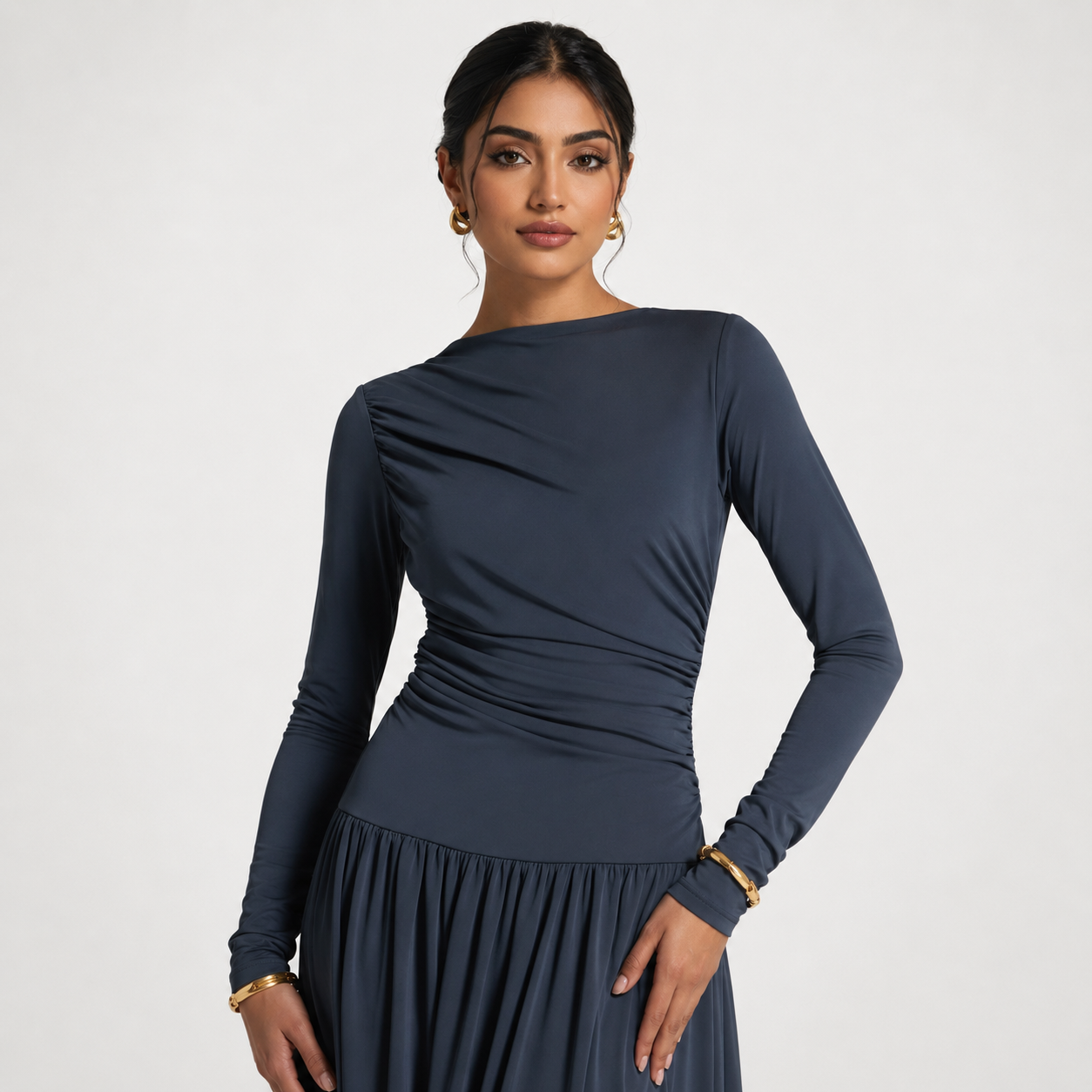 Modest Boat Neck Maxi Dress with Ruched Bodice