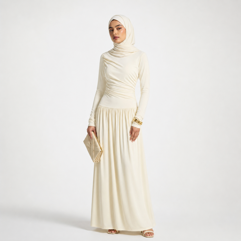 Woman wearing a long beige dress with a matching hijab on a white background