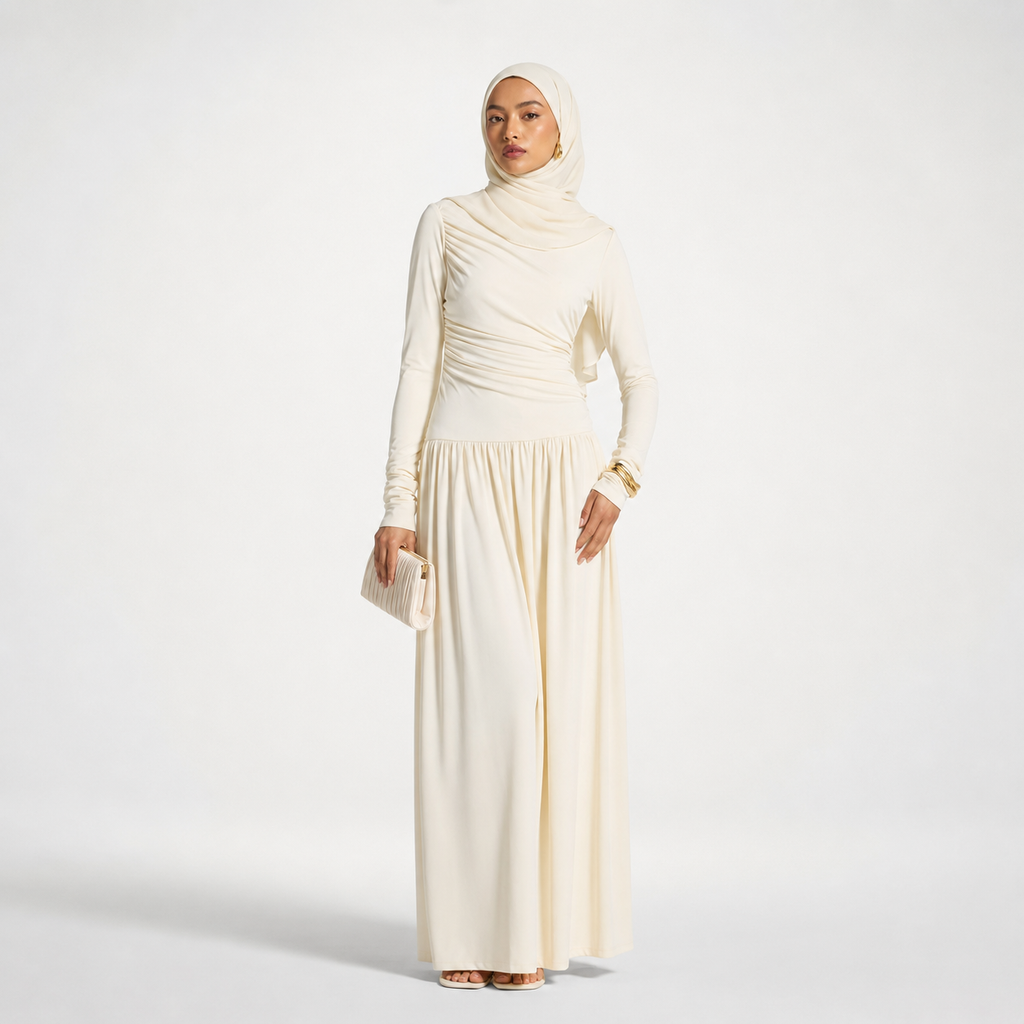Woman wearing a long cream dress with a matching hijab on a white background
