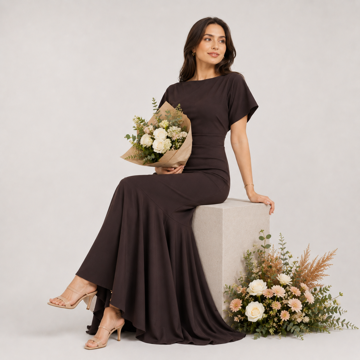 Woman in a brown dress holding flowers against a white background