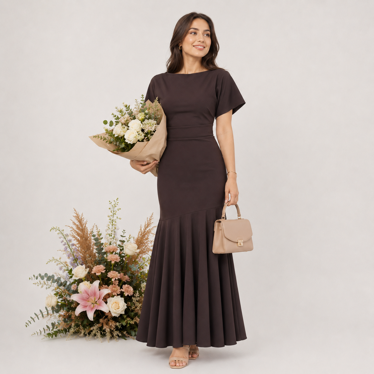 Woman in a brown dress holding flowers and a handbag on a light gray background