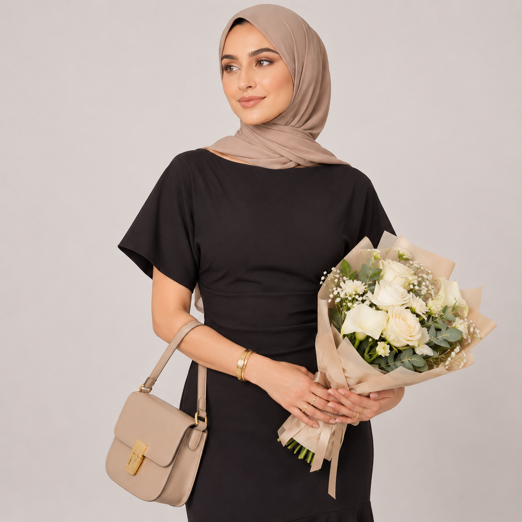 Woman holding a bouquet of flowers and a beige handbag against a plain background