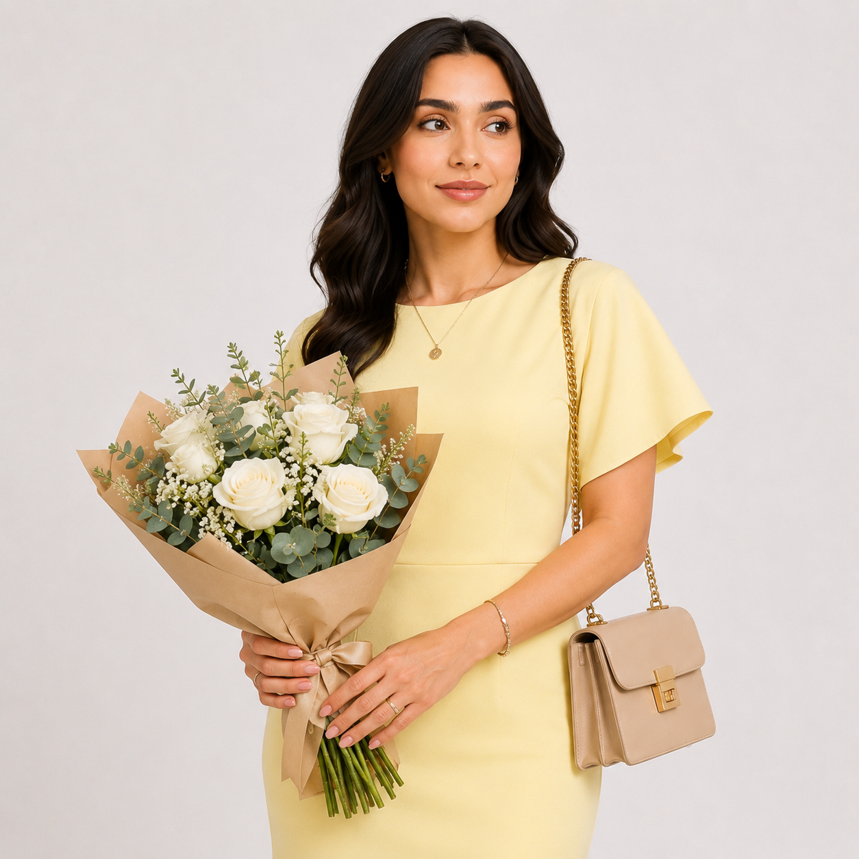 Woman in a yellow dress holding a bouquet of flowers and a beige handbag on a light gray background