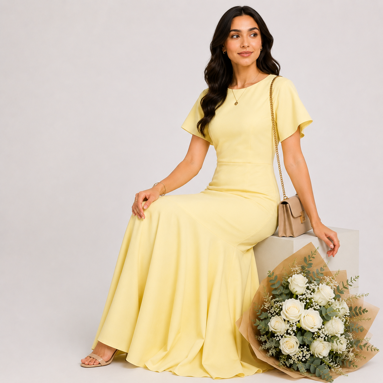Woman in a yellow dress holding a bouquet of flowers on a plain background
