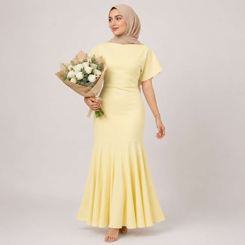 Woman in a yellow dress holding flowers against a plain background