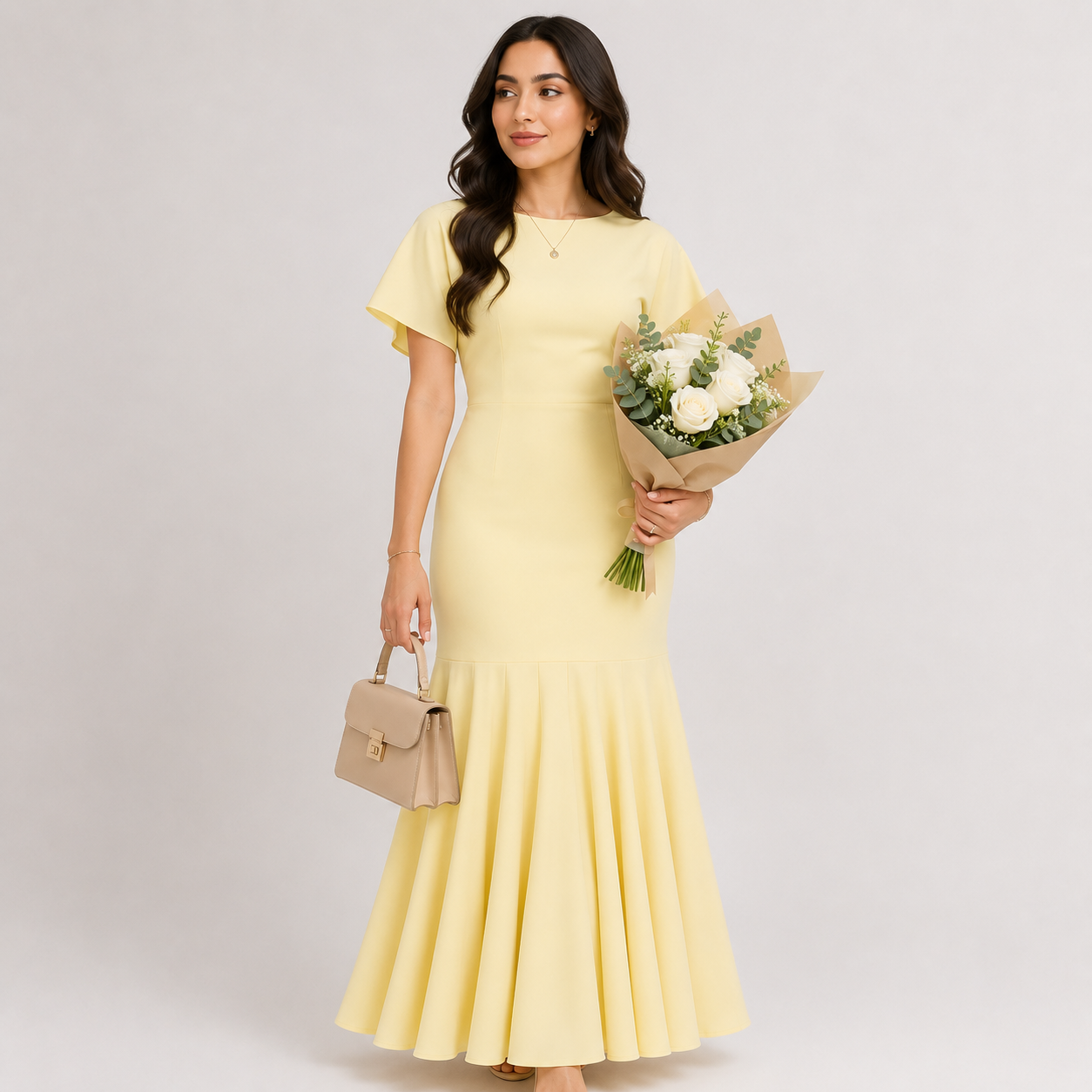 Woman in a yellow dress holding flowers and a handbag on a light gray background