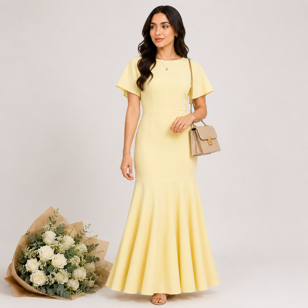 Woman in a yellow dress holding a beige handbag and bouquet of flowers on a light gray background