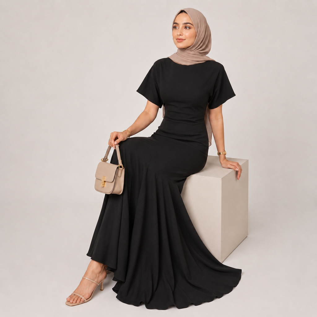 Woman in a black dress and beige hijab holding a beige handbag on a white background