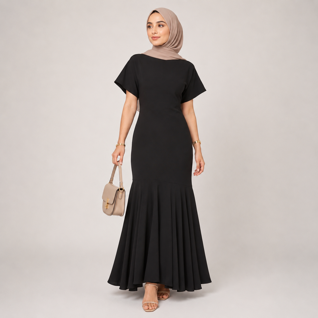 Woman wearing a black dress and beige hijab on a light gray background