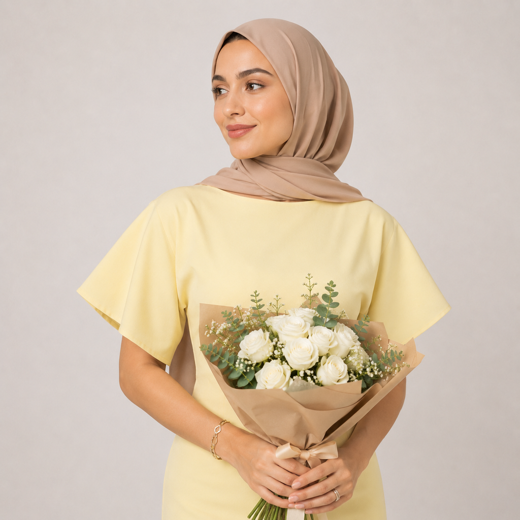 Woman in a yellow dress holding a bouquet of white flowers against a plain background