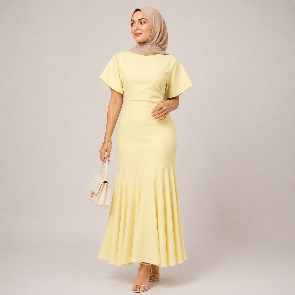 Woman wearing a light yellow dress with a plain background