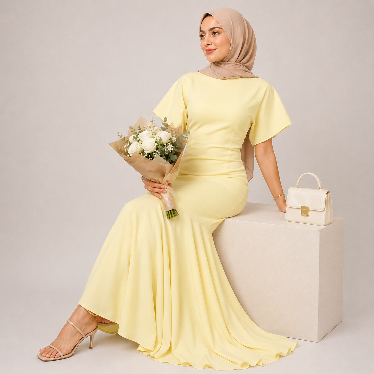 Woman in a yellow dress holding flowers and a handbag on a plain background