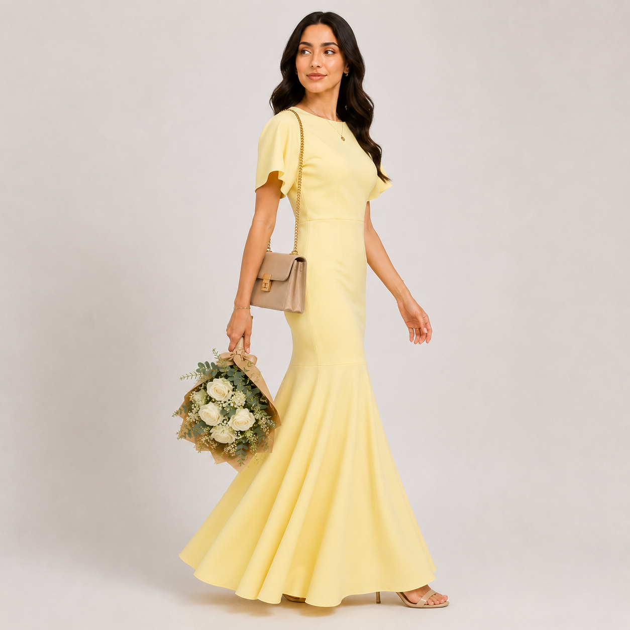 Woman in a yellow dress holding flowers against a plain background
