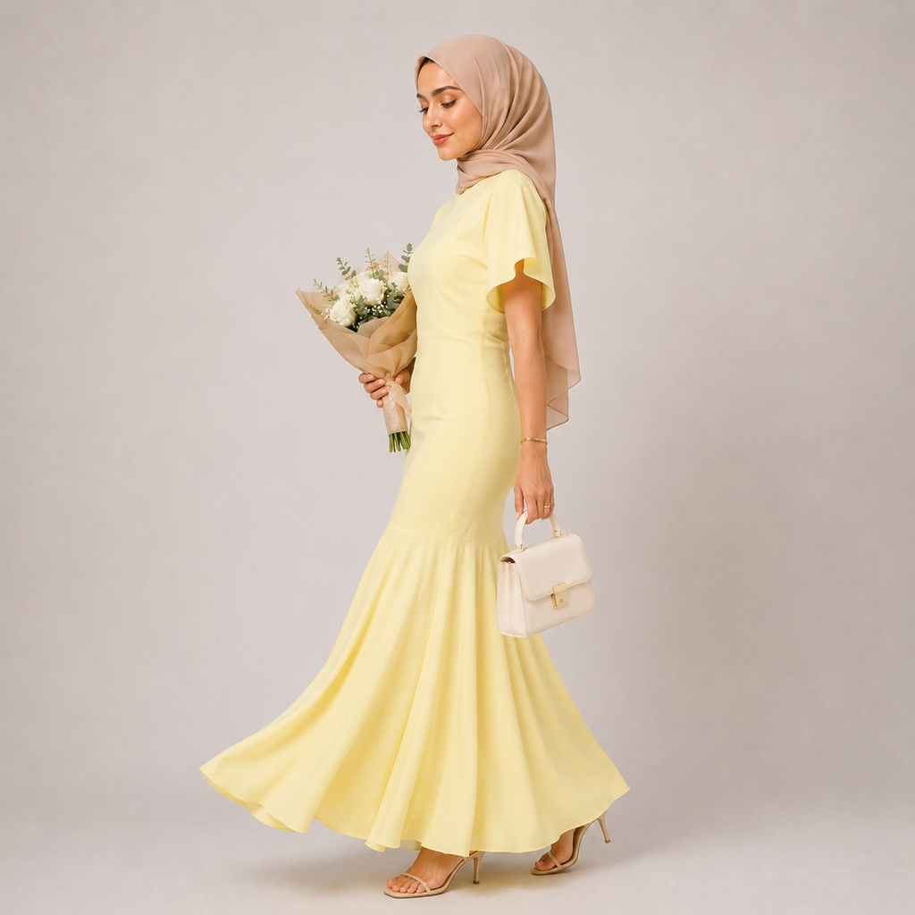 Woman in a yellow dress holding flowers and a white handbag against a plain background