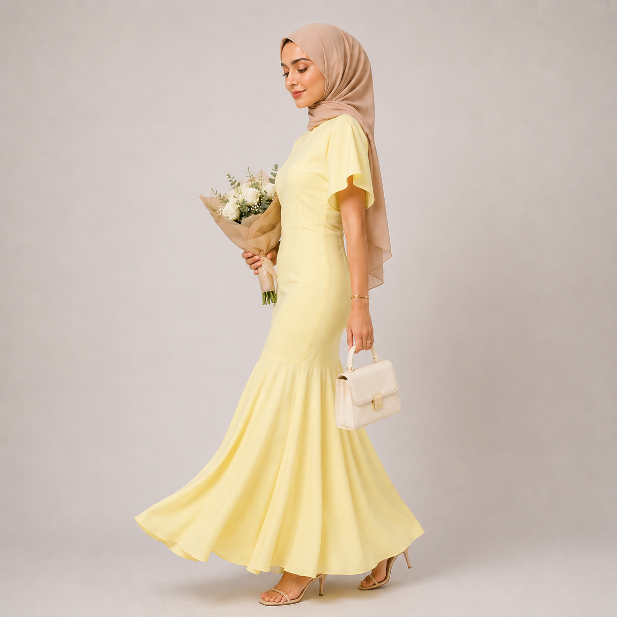 Woman in a yellow dress holding flowers and a white handbag against a plain background