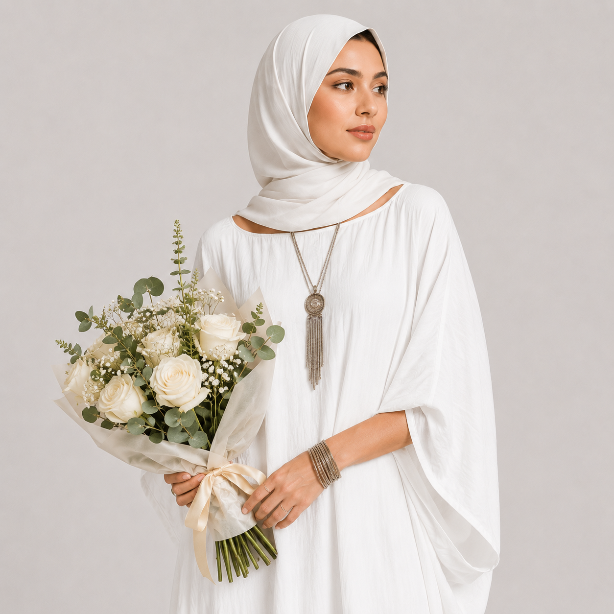 Woman in a white hijab and dress holding a bouquet of flowers against a plain background