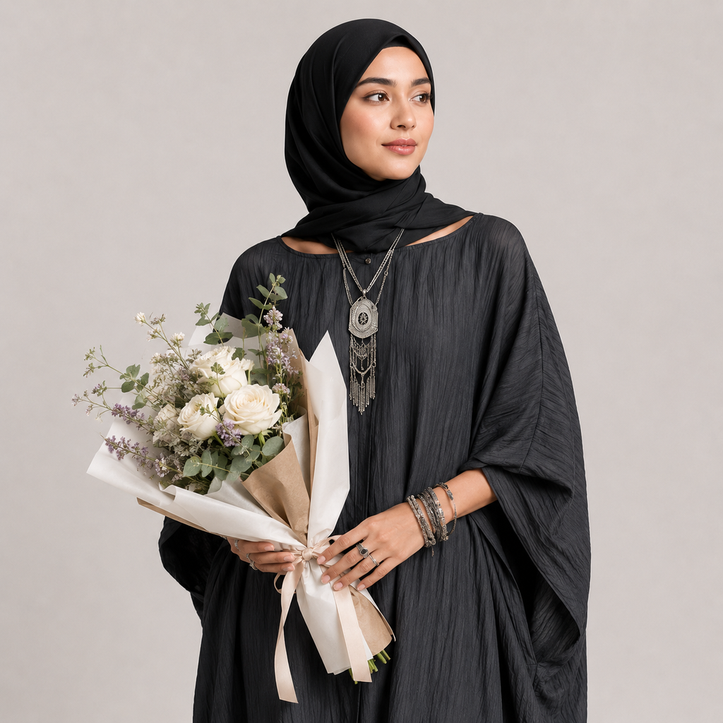 Woman in a black hijab holding a bouquet of flowers against a plain background