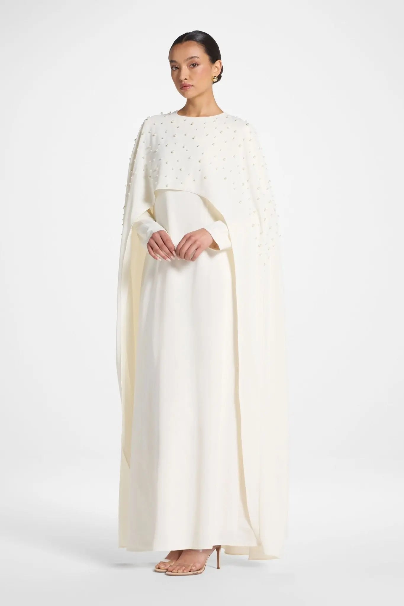 White Pearl Embellished Cape Maxi Dress - Mahara Atelier
