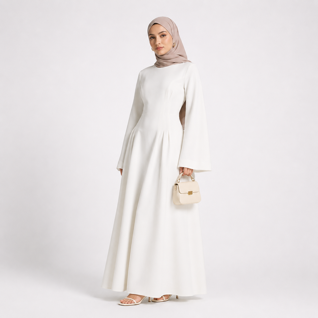 Woman wearing a long-sleeve white dress and beige hijab on a white background
