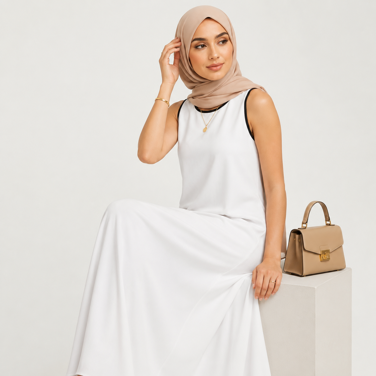 Woman in a white dress with a beige hijab and handbag on a light background