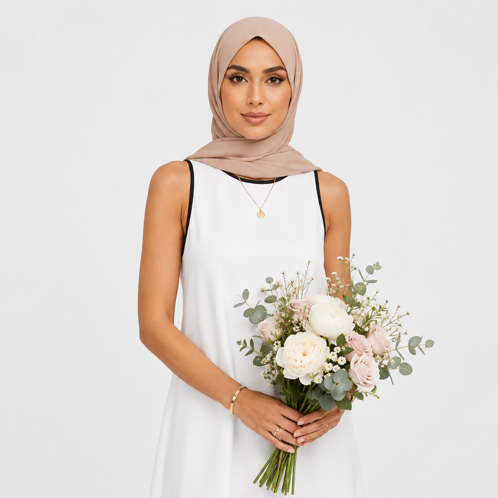 Woman wearing a beige hijab and holding a bouquet of flowers against a white background