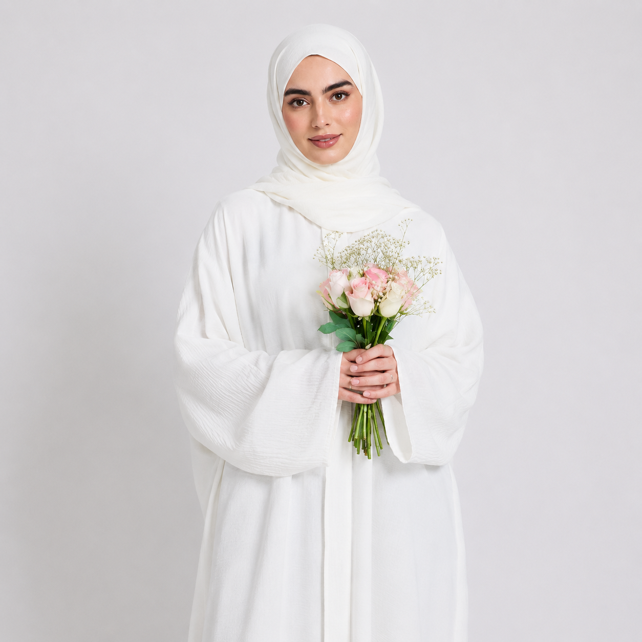 Closed Front Zip Abaya with Hijab – White Pearl