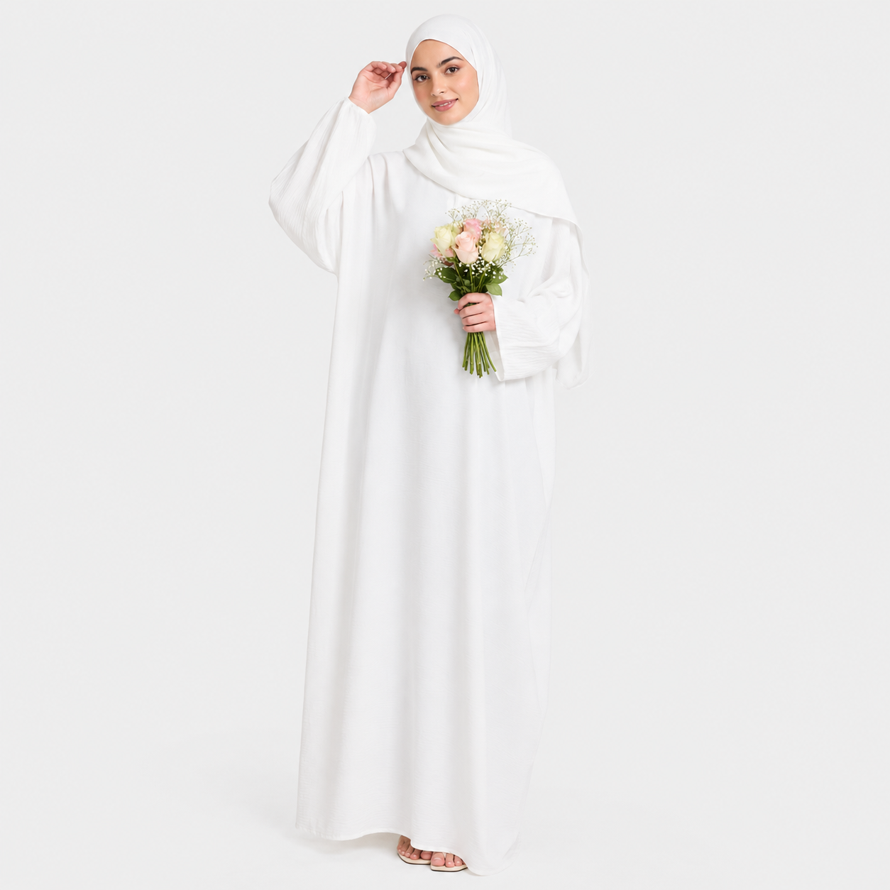 Closed Front Zip Abaya with Hijab – White Pearl