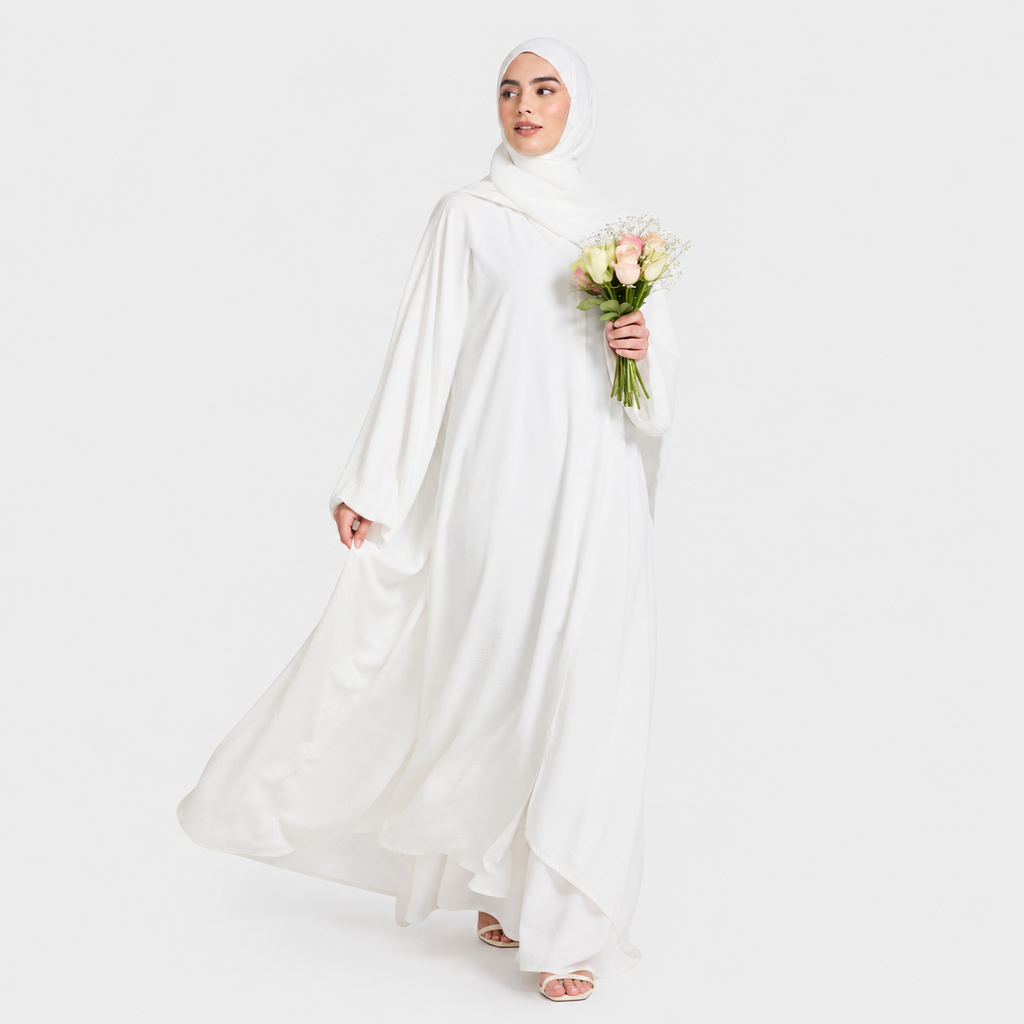 Closed Front Zip Abaya with Hijab – White Pearl