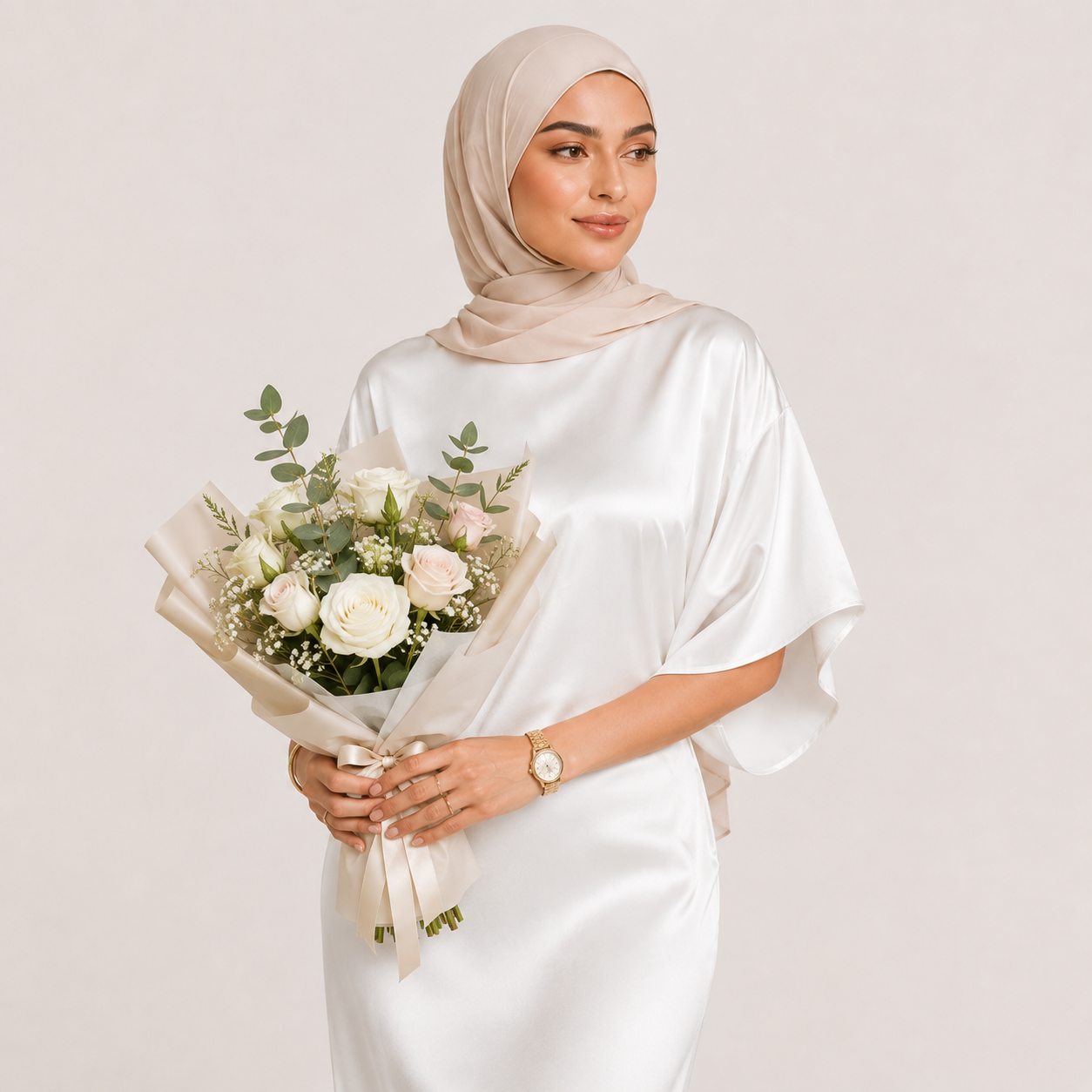 Woman in a white dress holding a bouquet of flowers against a plain background