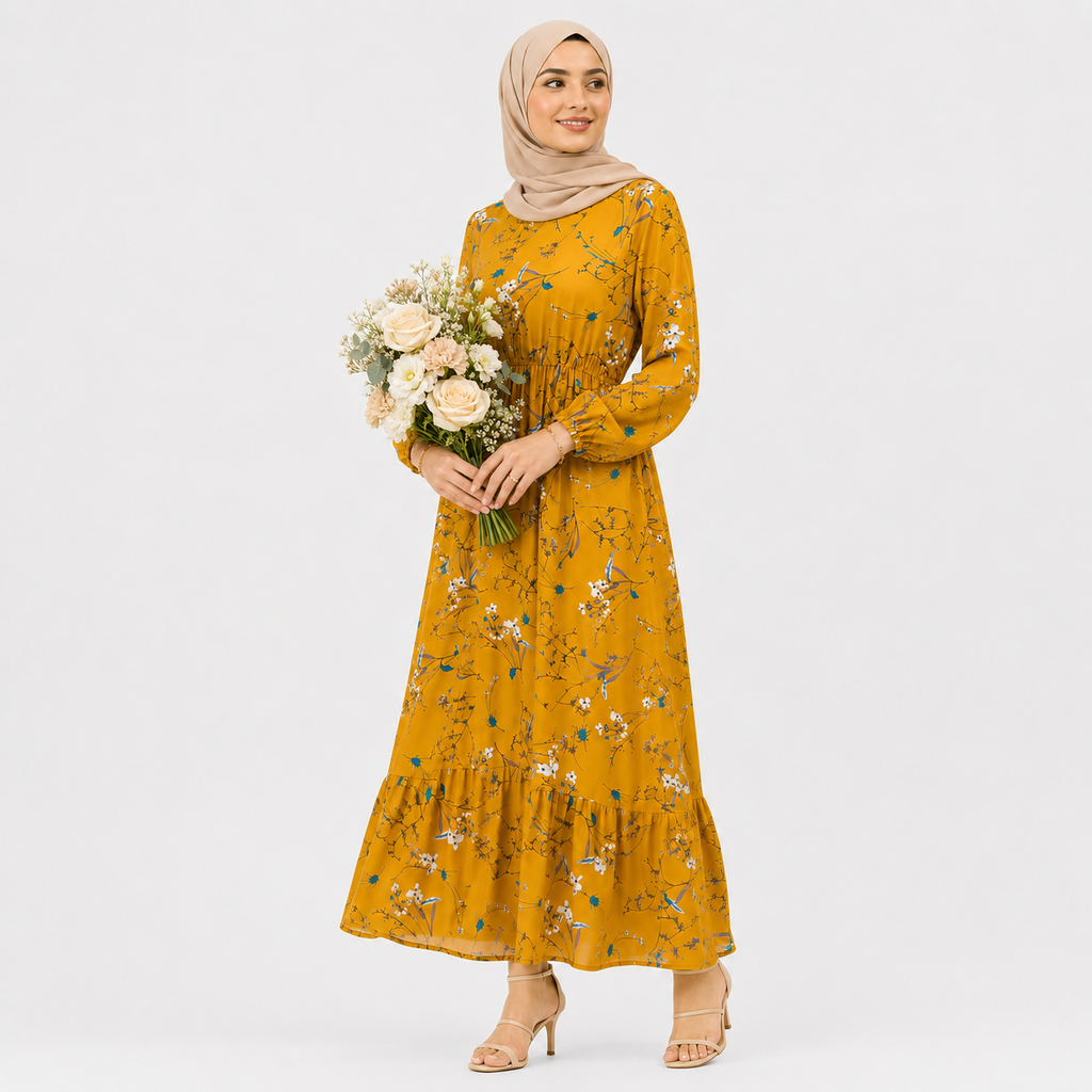 Woman wearing a yellow floral dress holding flowers on a white background