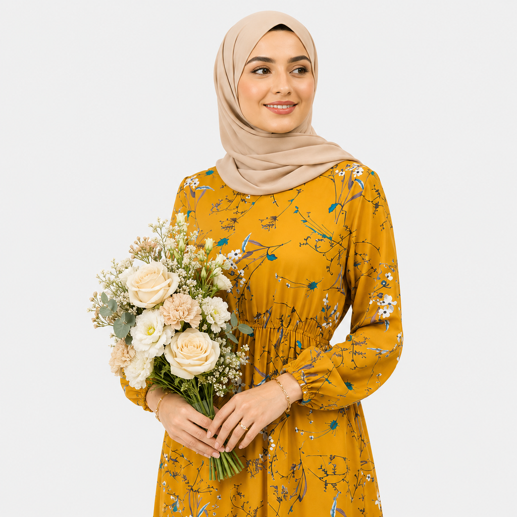 Woman in a yellow floral dress holding a bouquet of flowers against a white background
